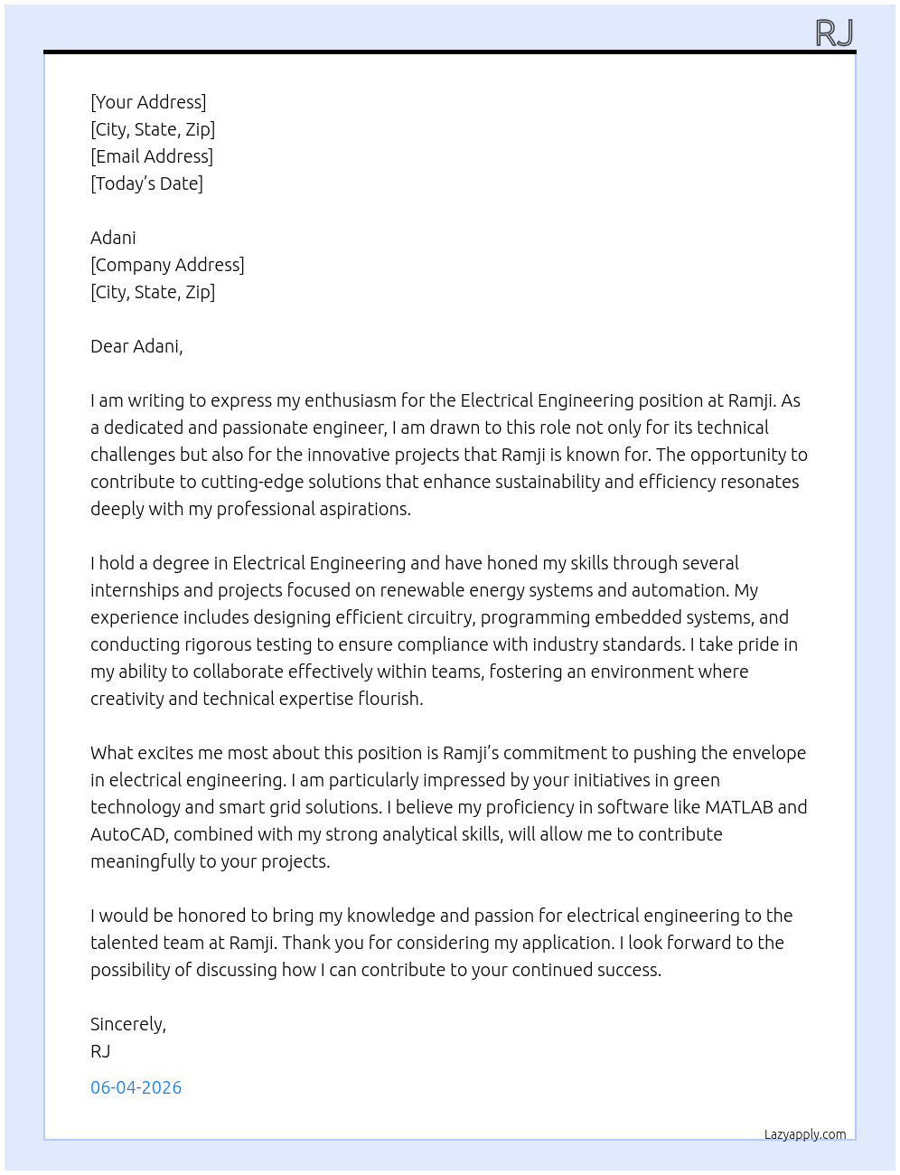Cover letter for electrical engineering - LazyApply