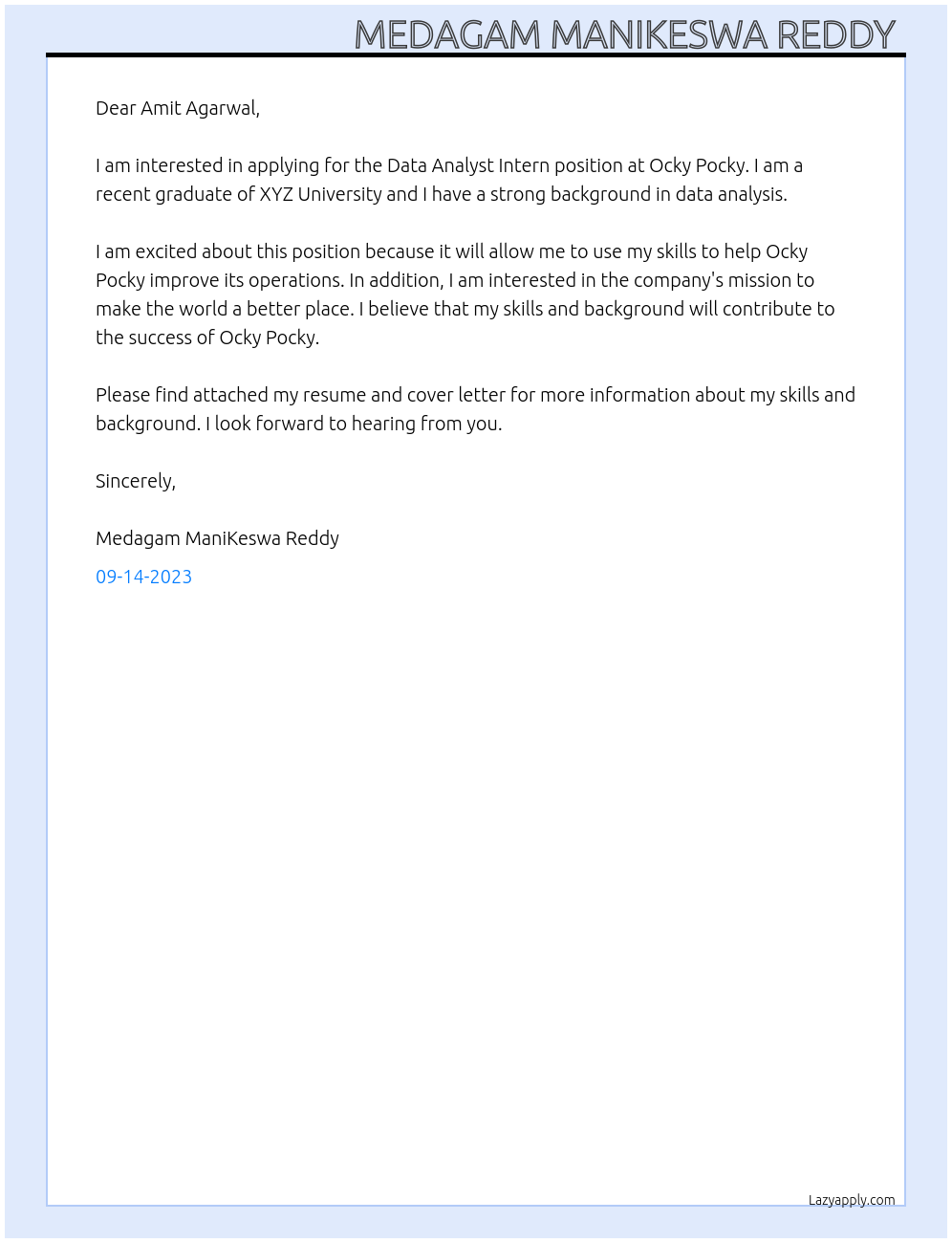 Data Analyst Intern At Ocky Pocky Cover Letter