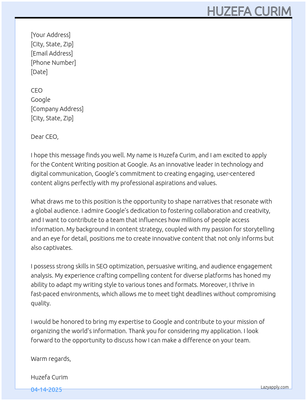 Cover letter for content writing - LazyApply