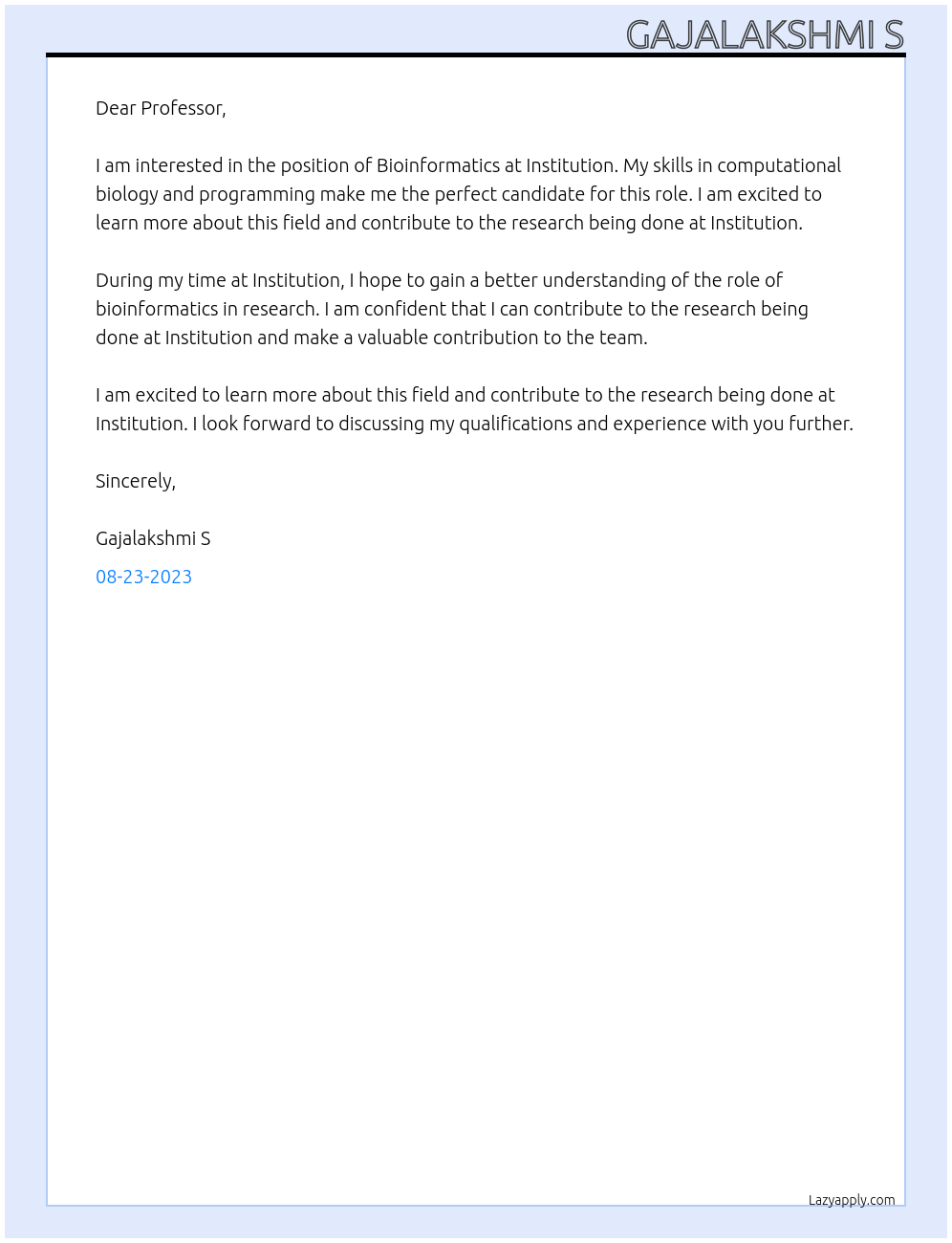 Bioinformatics  At Institution  Cover Letter