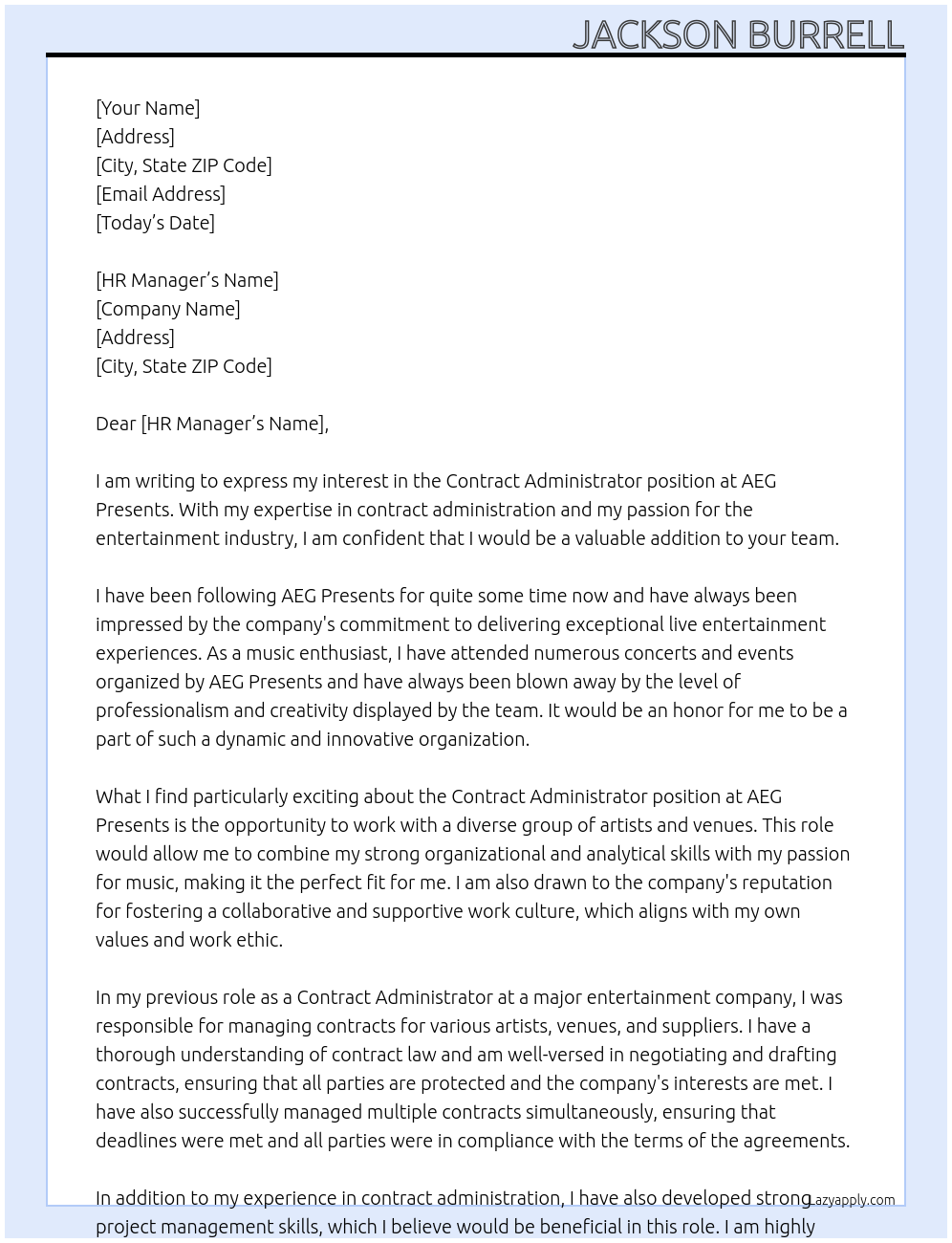 Contract Administrator At AEG Presents Cover Letter