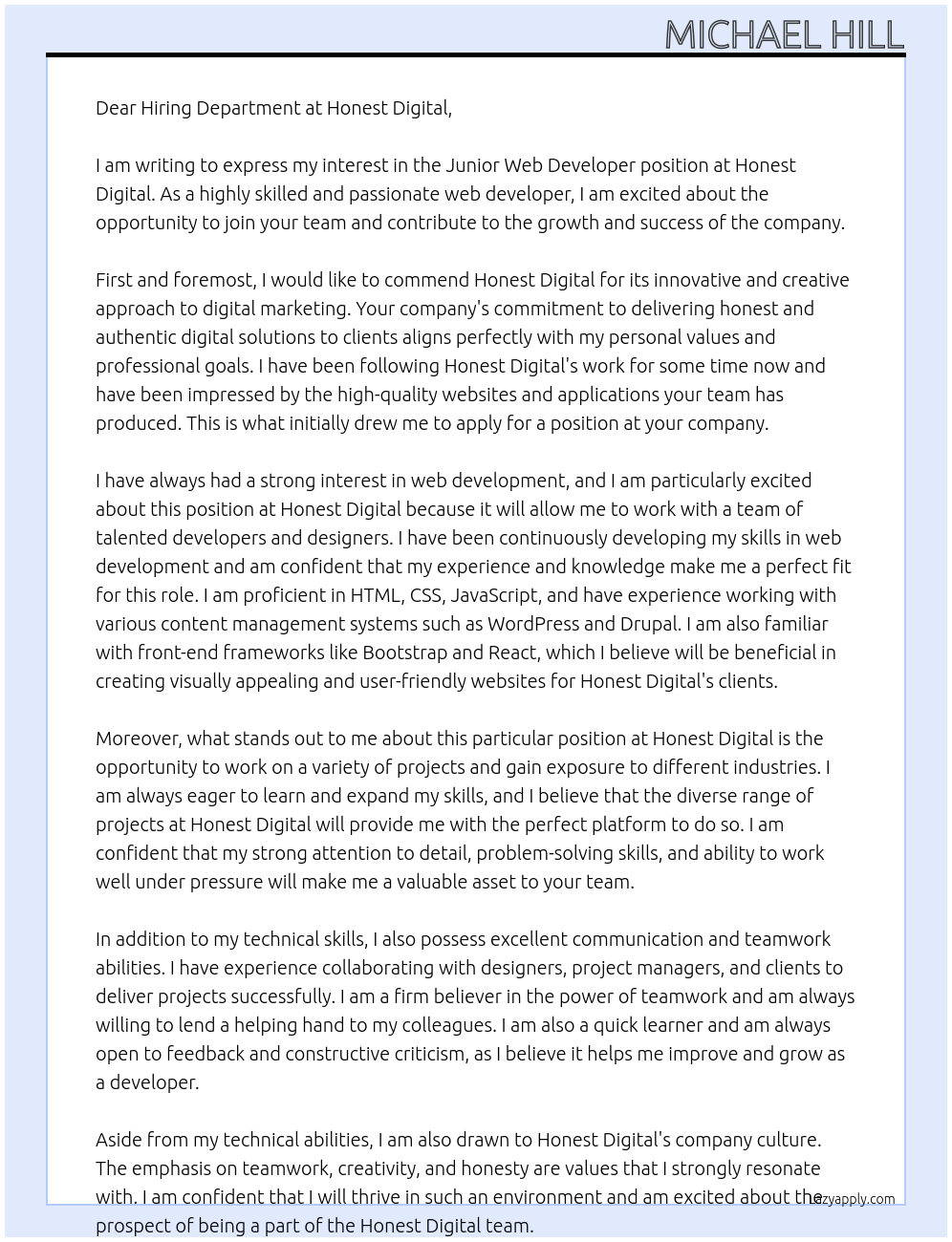 Junior Web Developer At Honest Digital Cover Letter