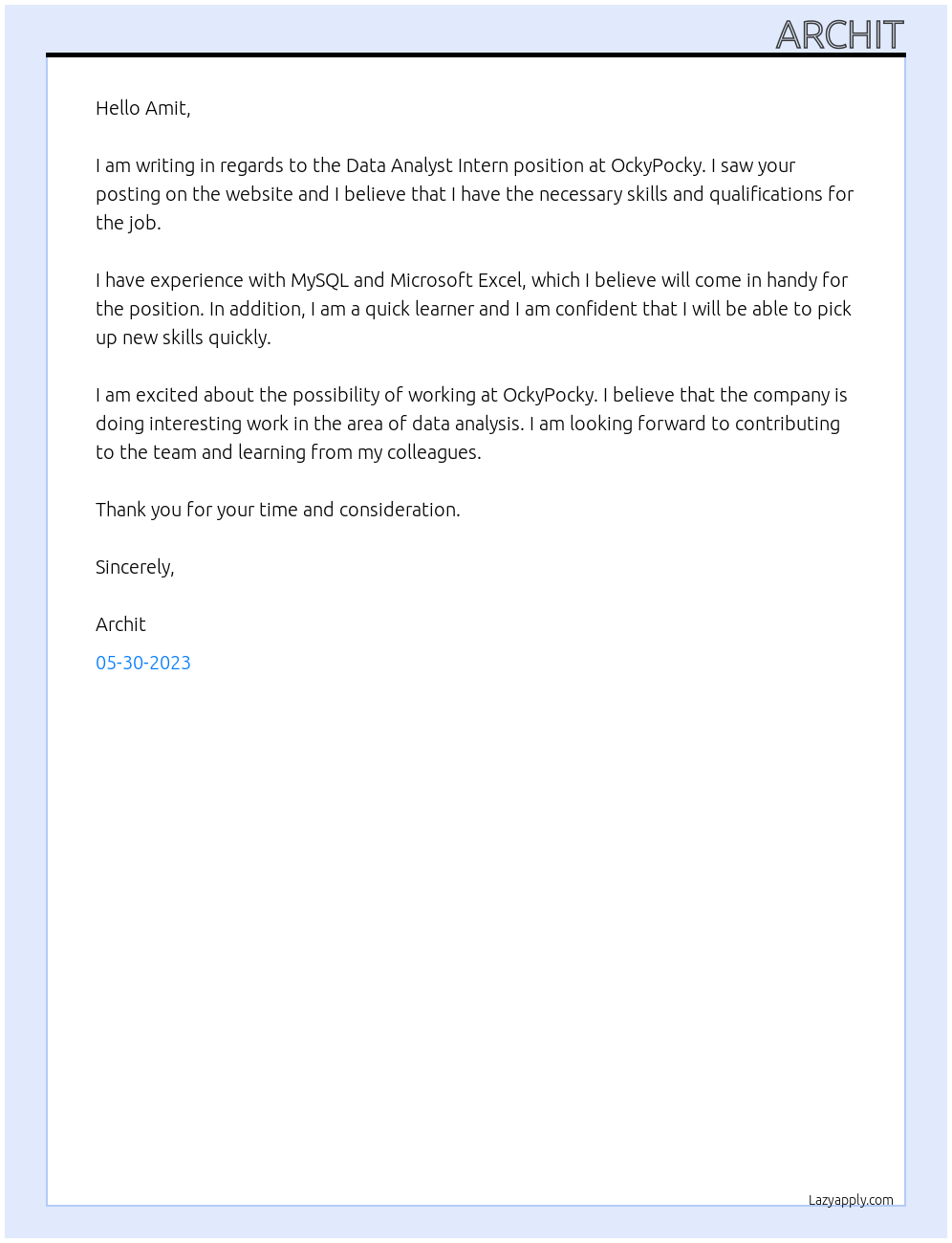 Data Analyst Intern At OckyPocky Cover Letter