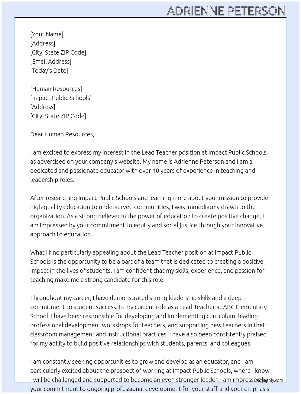 Cover letter for lead teacher - LazyApply