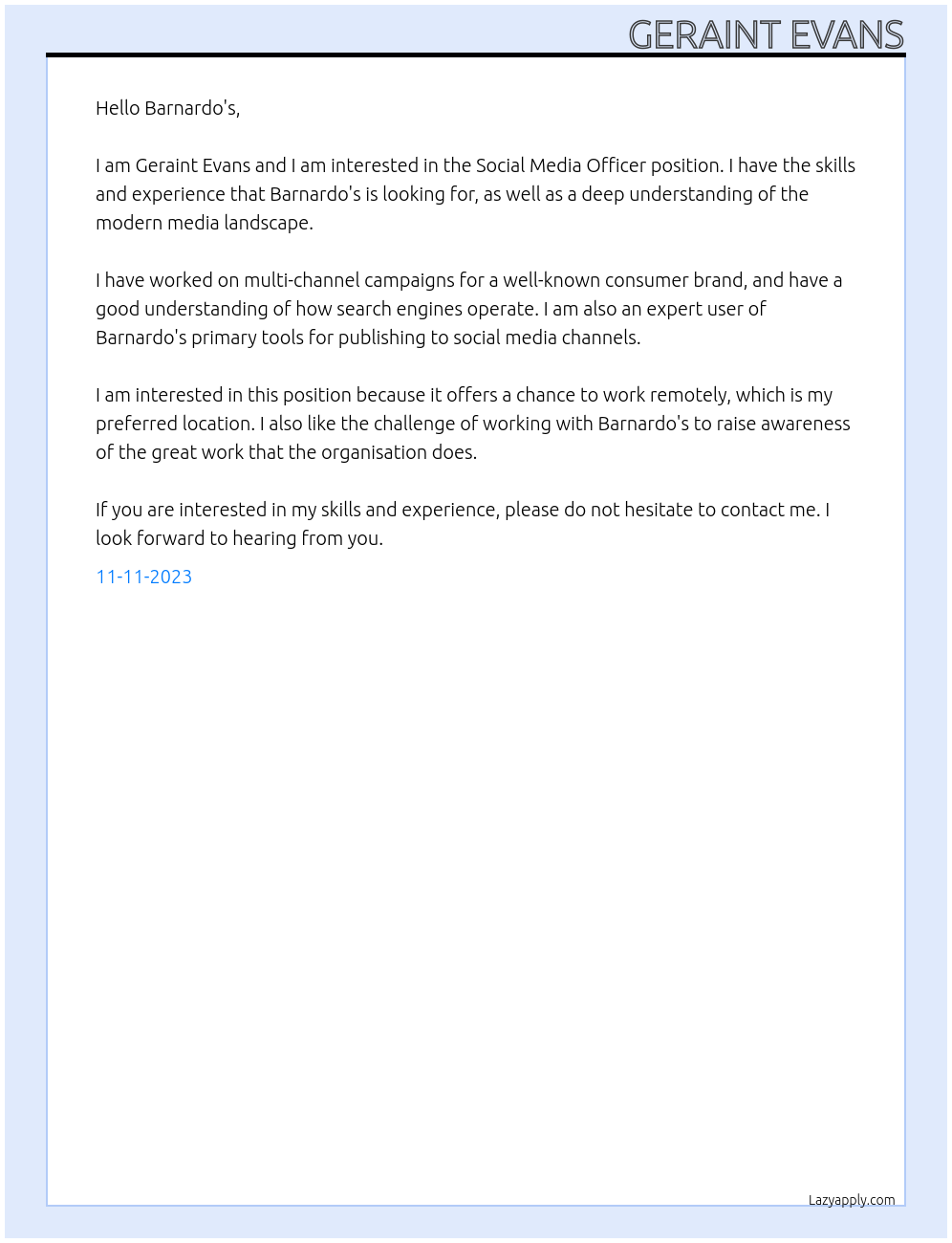 Social Media Officer At Barnardo's Cover Letter