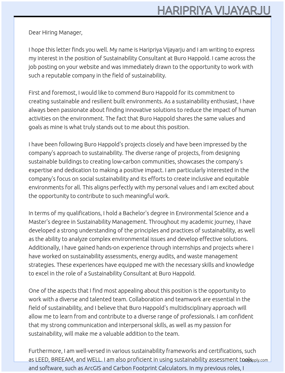 Sustainability Consultant At Buro Happold Cover Letter