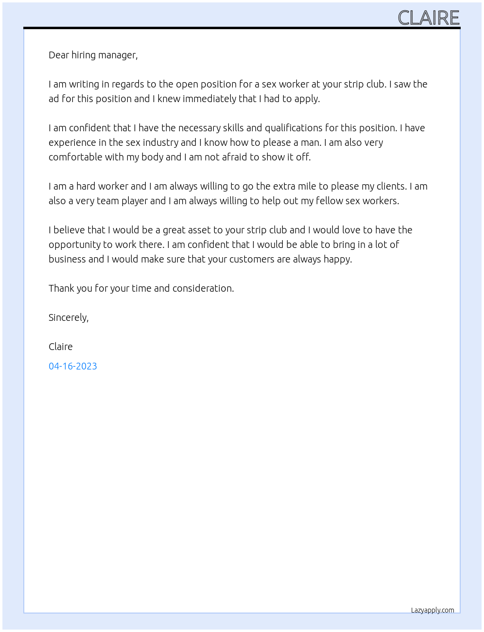 sex worker At strip club Cover Letter