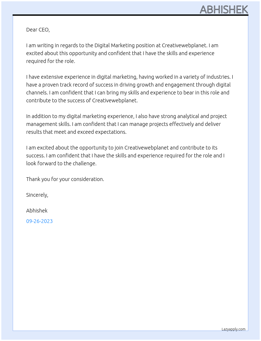 Digital Marketing At Creativewebplanet Cover Letter