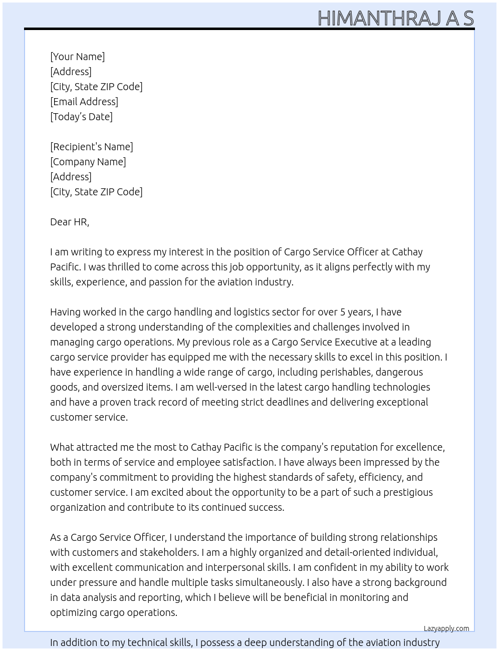 Cargo Service Officer  At Cathay Pacific  Cover Letter