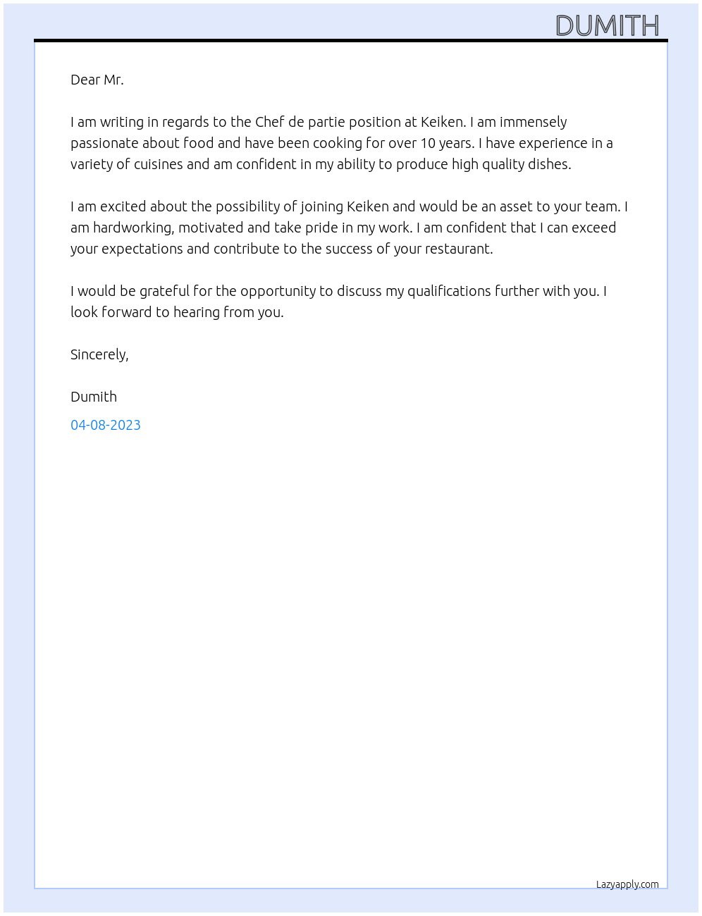 Chef de partie At Keiken Cover Letter