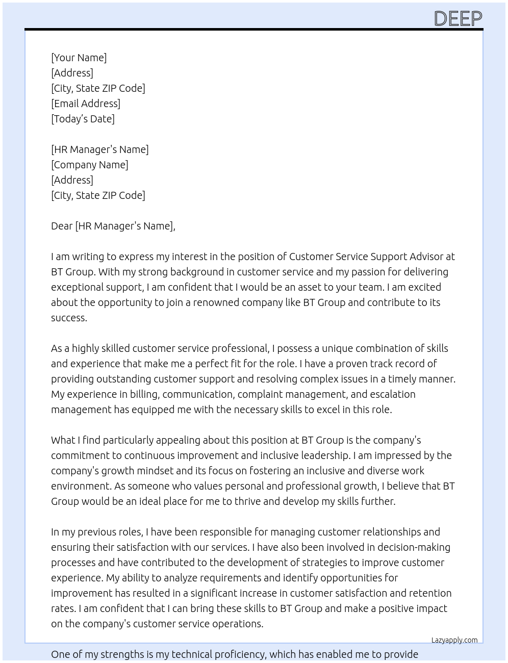 Cover letter for customer service support advisor - LazyApply