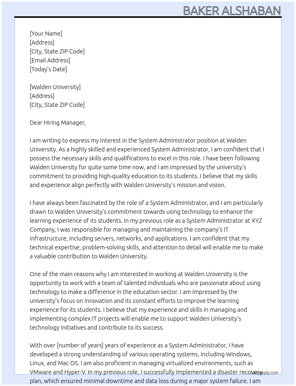 System Administrator At Walden University Cover Letter