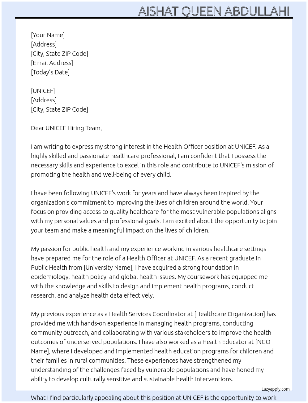 Health Officer At UNICEF Cover Letter