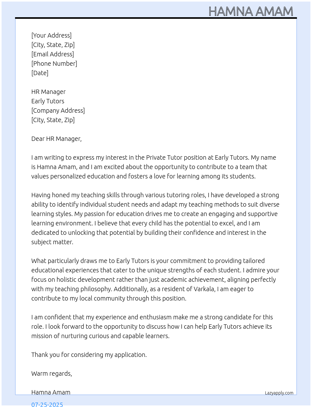Cover letter for private tutor - LazyApply