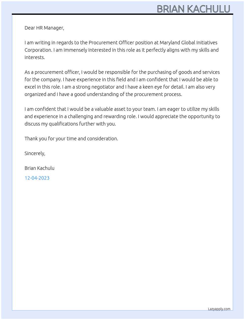 Procurement officer At Maryland Global Initiatives Corporation Cover Letter