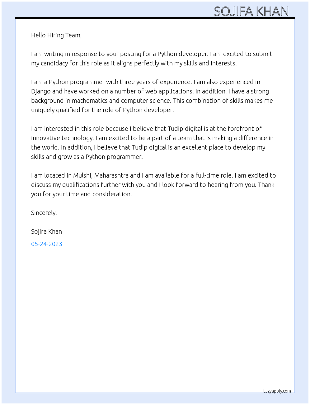 Python developer At Tudip digital Cover Letter
