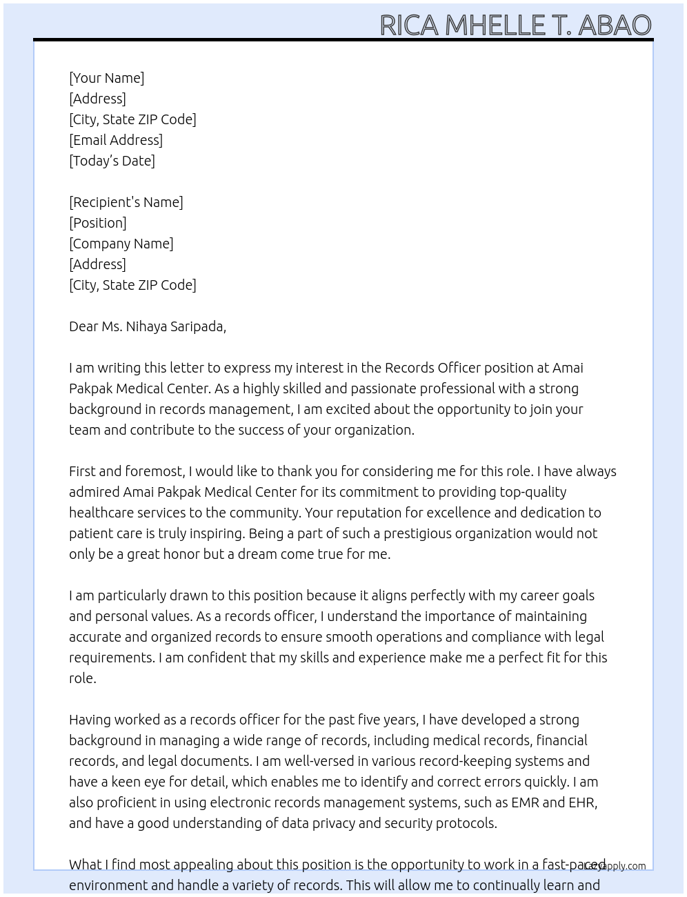 Records Officer At Amai Pakpak Medical Center Cover Letter