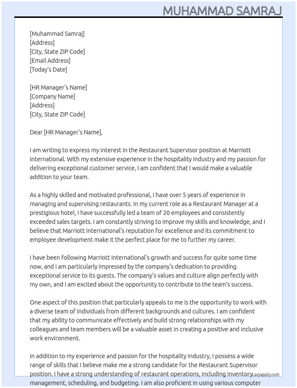 Restaurant Supervisor At Marriott International Cover Letter