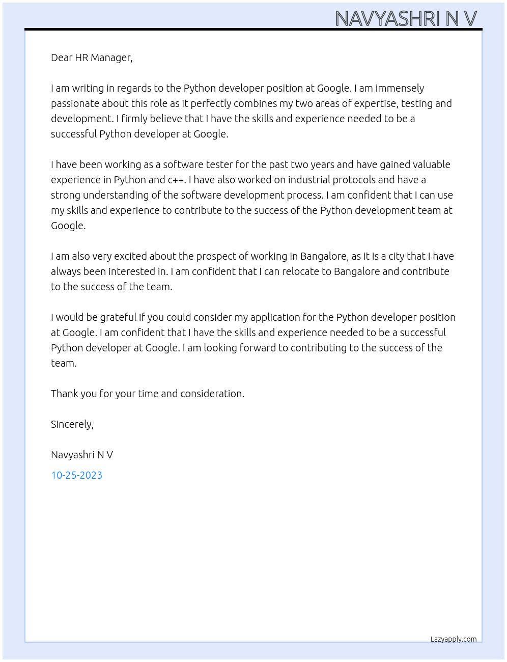 Python developer At Google Cover Letter