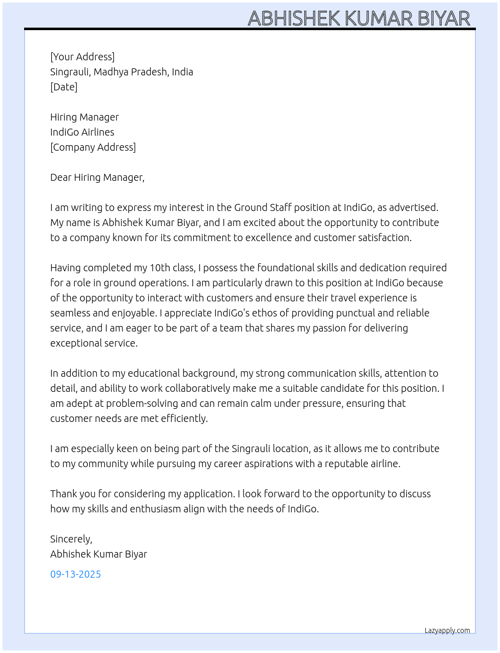 GROUND STAFF At INDIGO Cover Letter