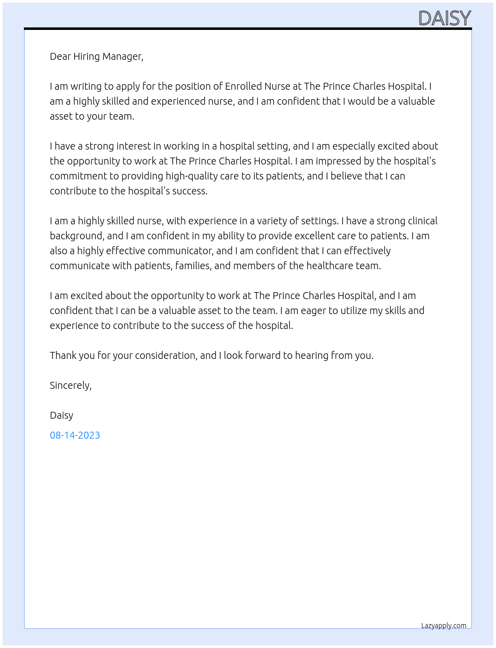 Enrolled Nurse At The Prince Charles Hospital Cover Letter