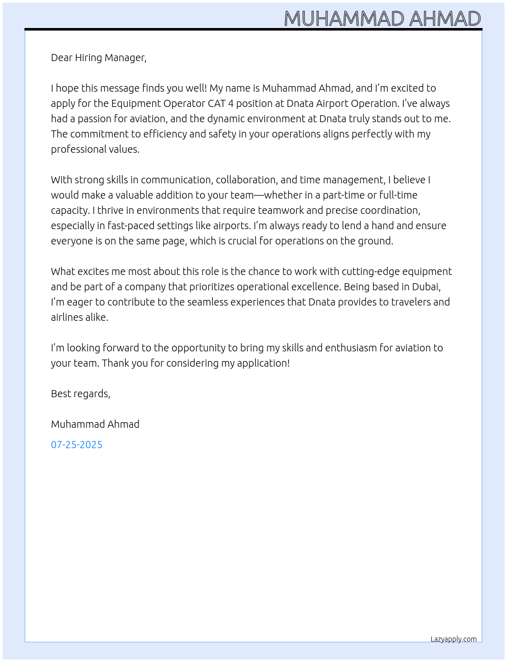 Equipment operator cat 4 At Dnata airport operation Cover Letter