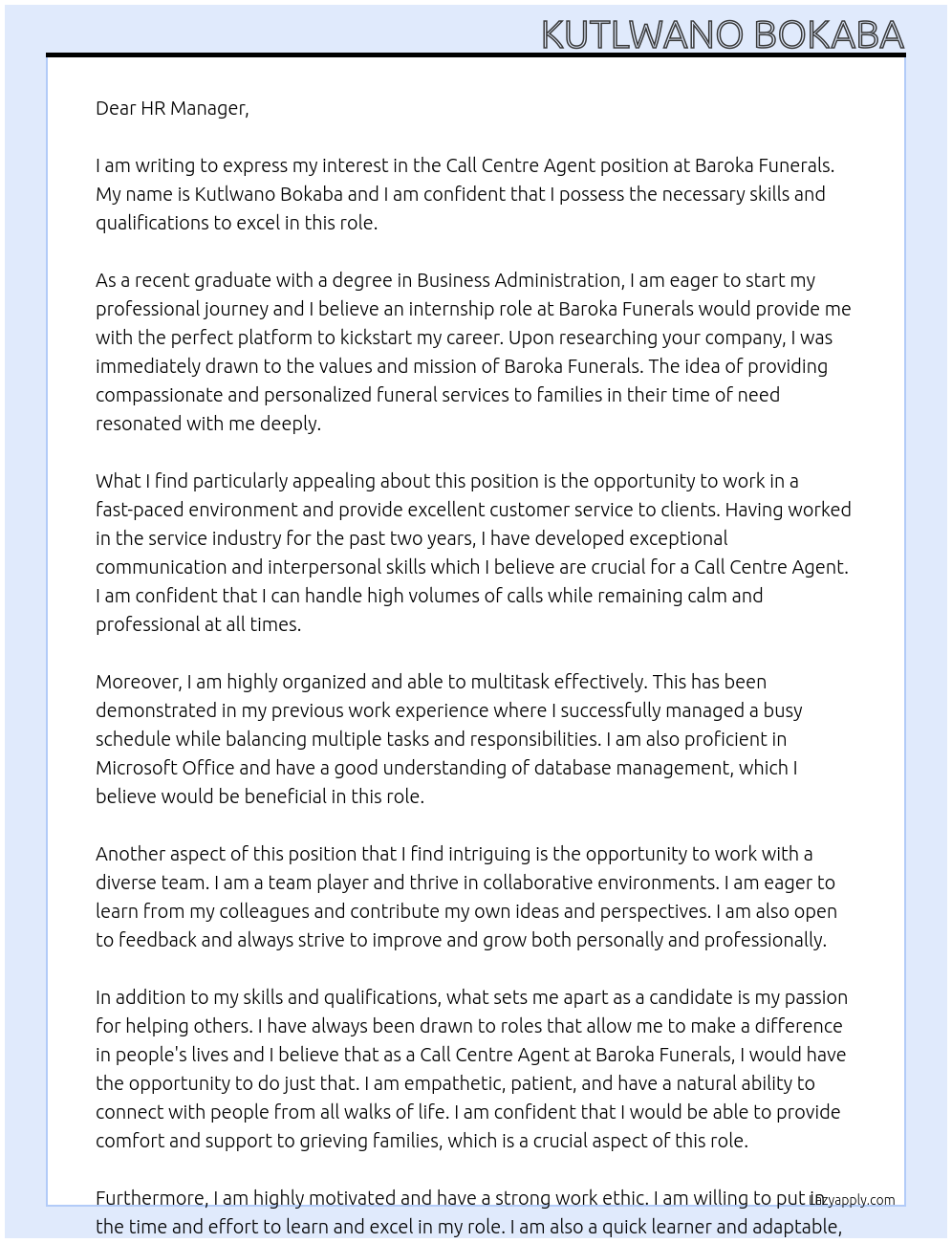 Call Centre Agent At Baroka Funerals  Cover Letter