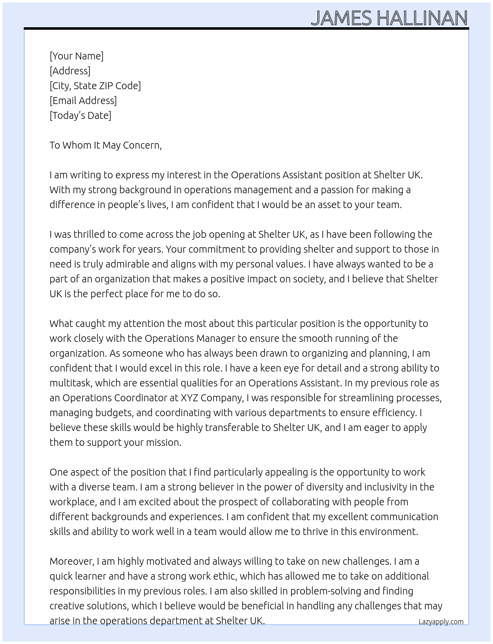 Operations Assistant At Shelter UK Cover Letter