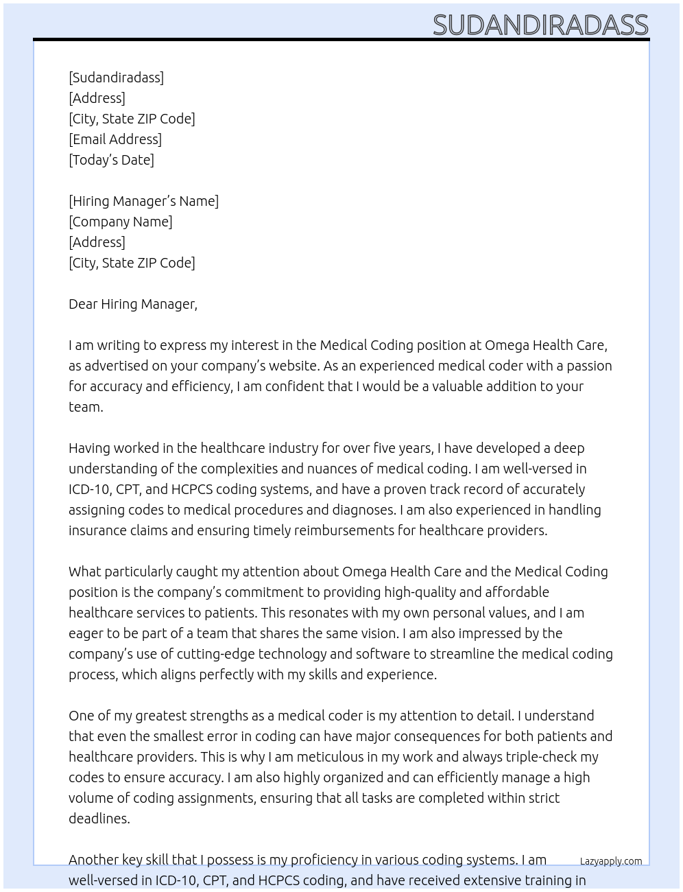 Medical coding At Omega health Care Cover Letter