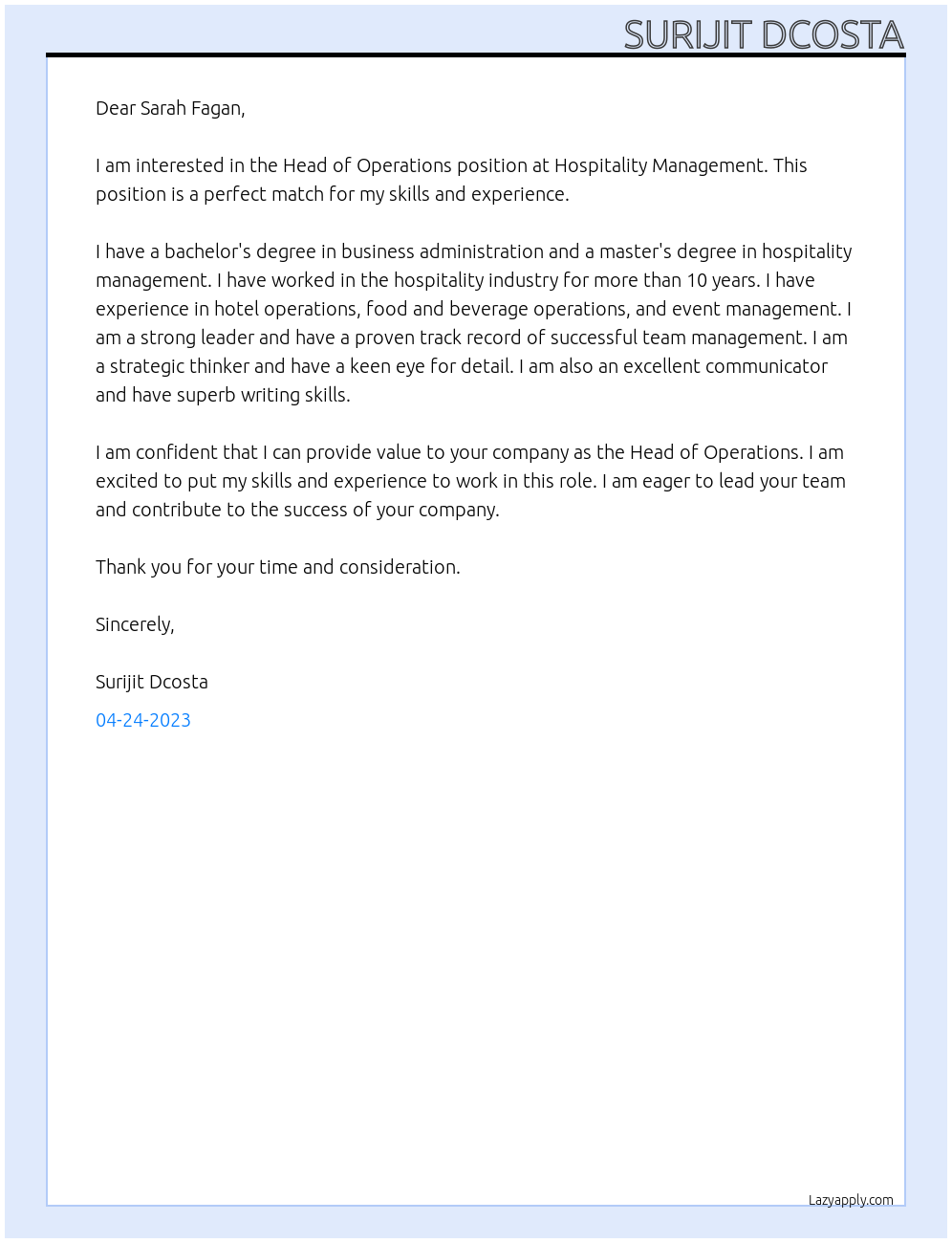 Head of Operations At Hospitality Management Cover Letter