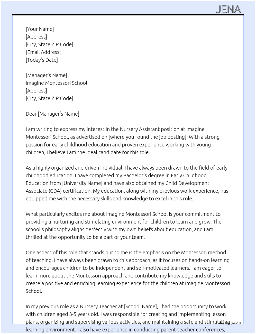 Nursery Assistant At Imagine montessori school Cover Letter
