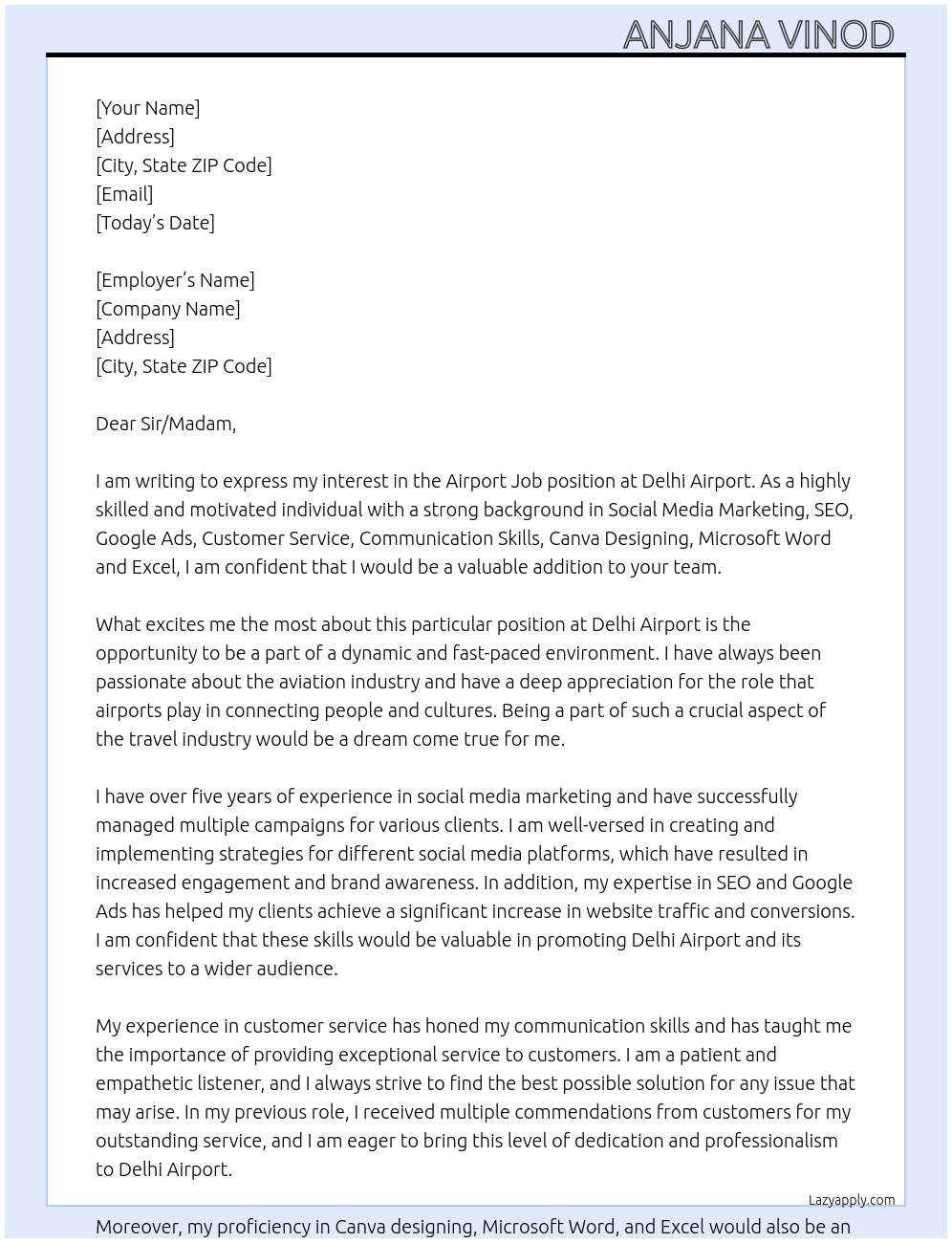 Airport Job At Delhi Airport  Cover Letter