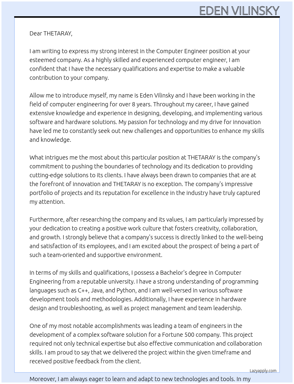 computer engineer At THETARAY Cover Letter