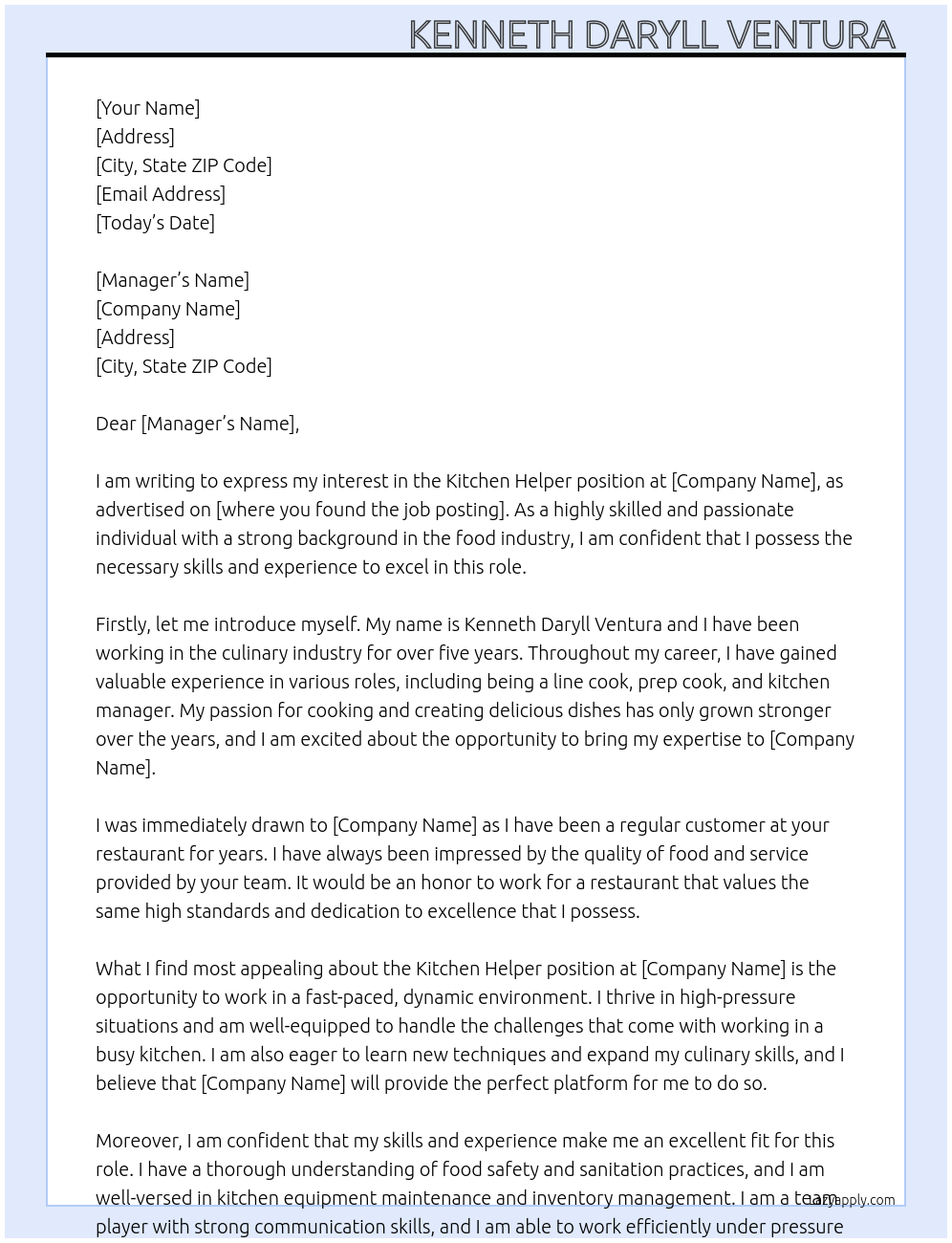 Kitchen helper  At Restaurant  Cover Letter