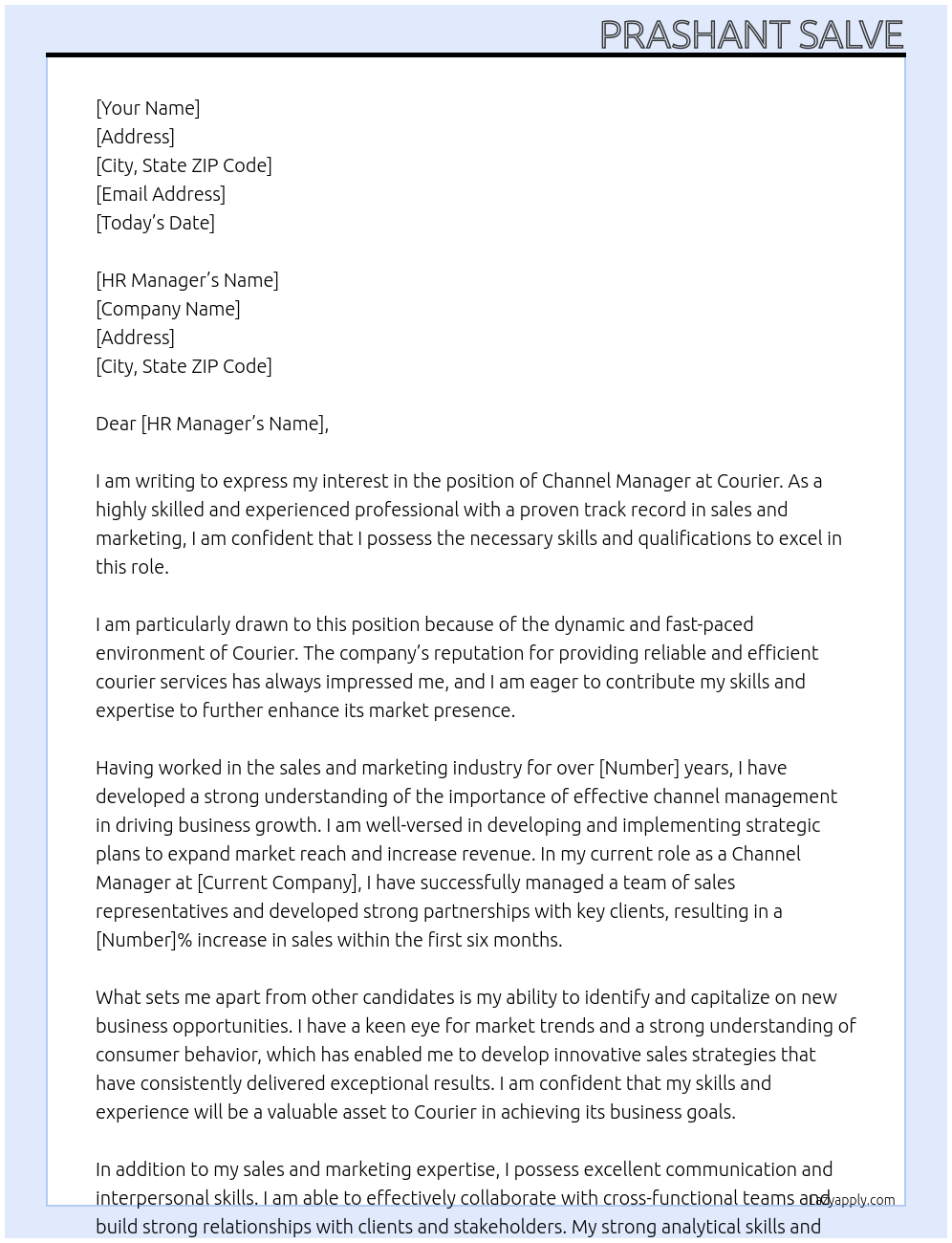 Channel Manager At Courier Cover Letter
