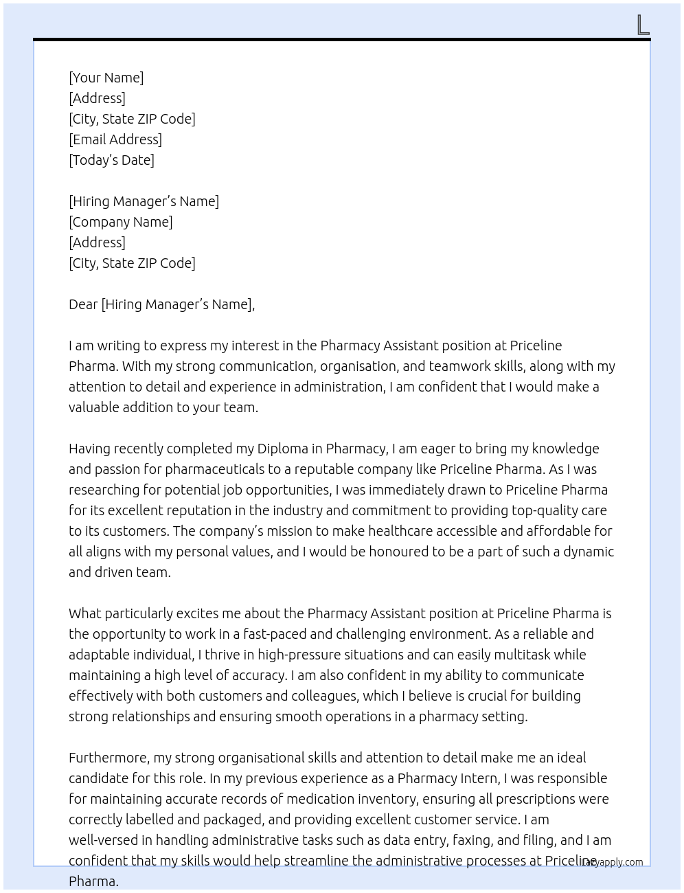 Pharmacy Assistant At priceline pharma Cover Letter