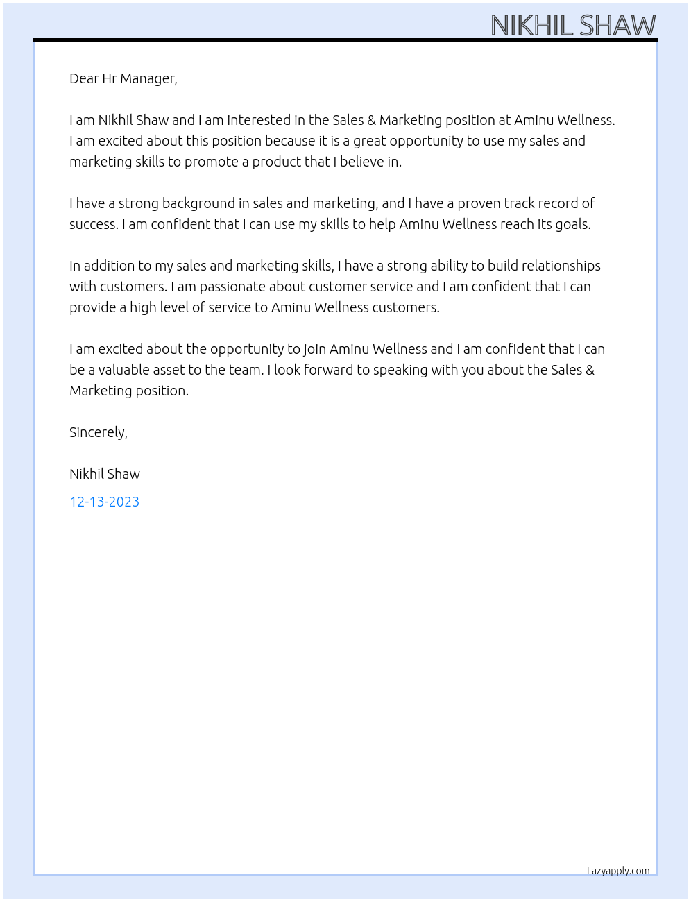 Sales & Marketing At Aminu Wellness Cover Letter