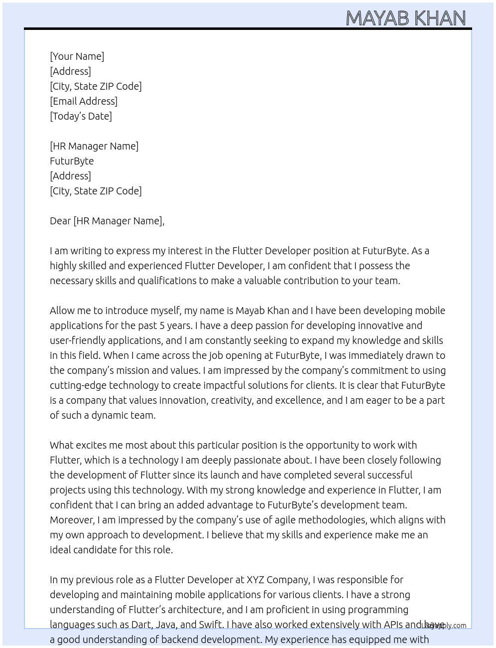 Flutter Developer At FuturByte Cover Letter