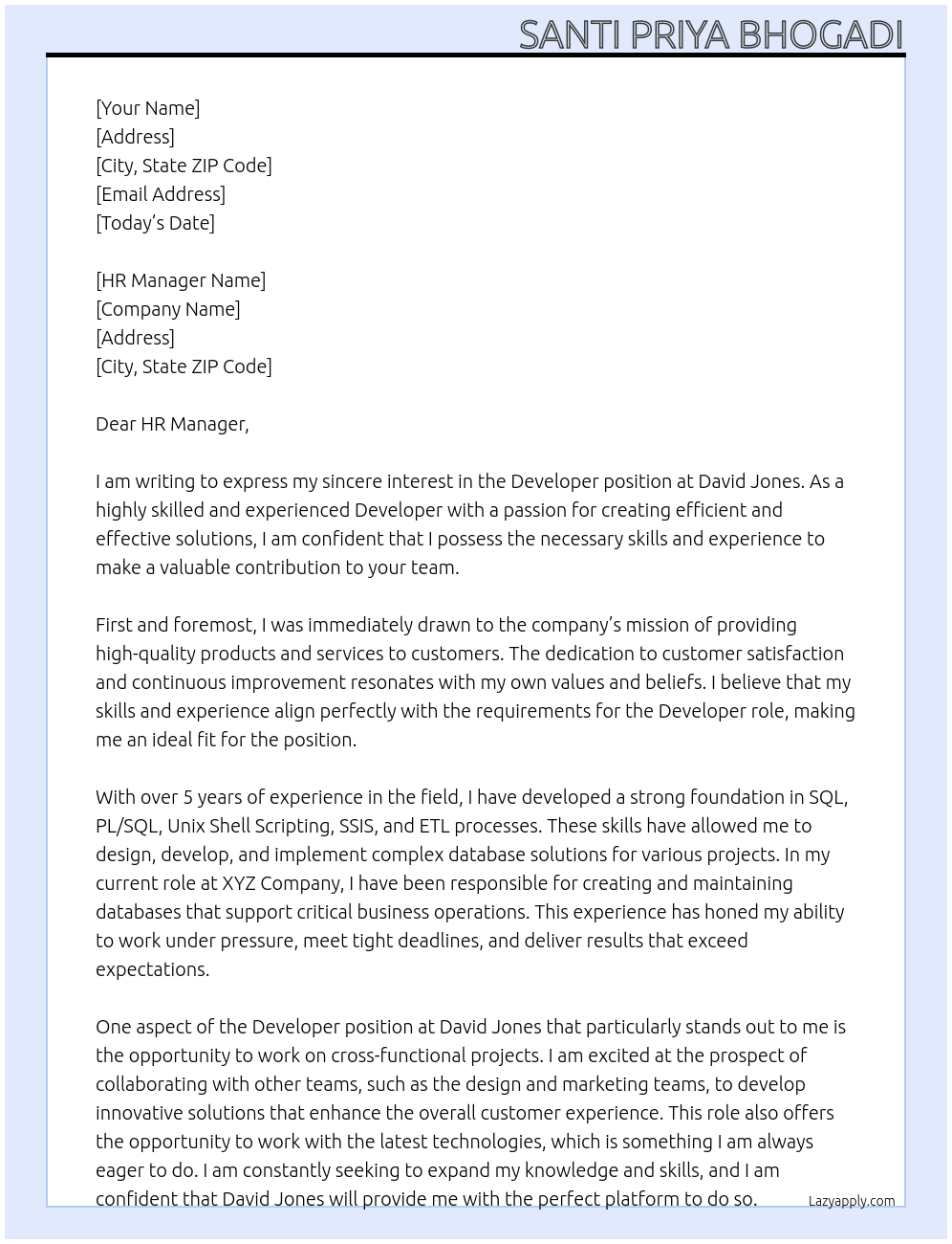 Developer At David Jones Cover Letter