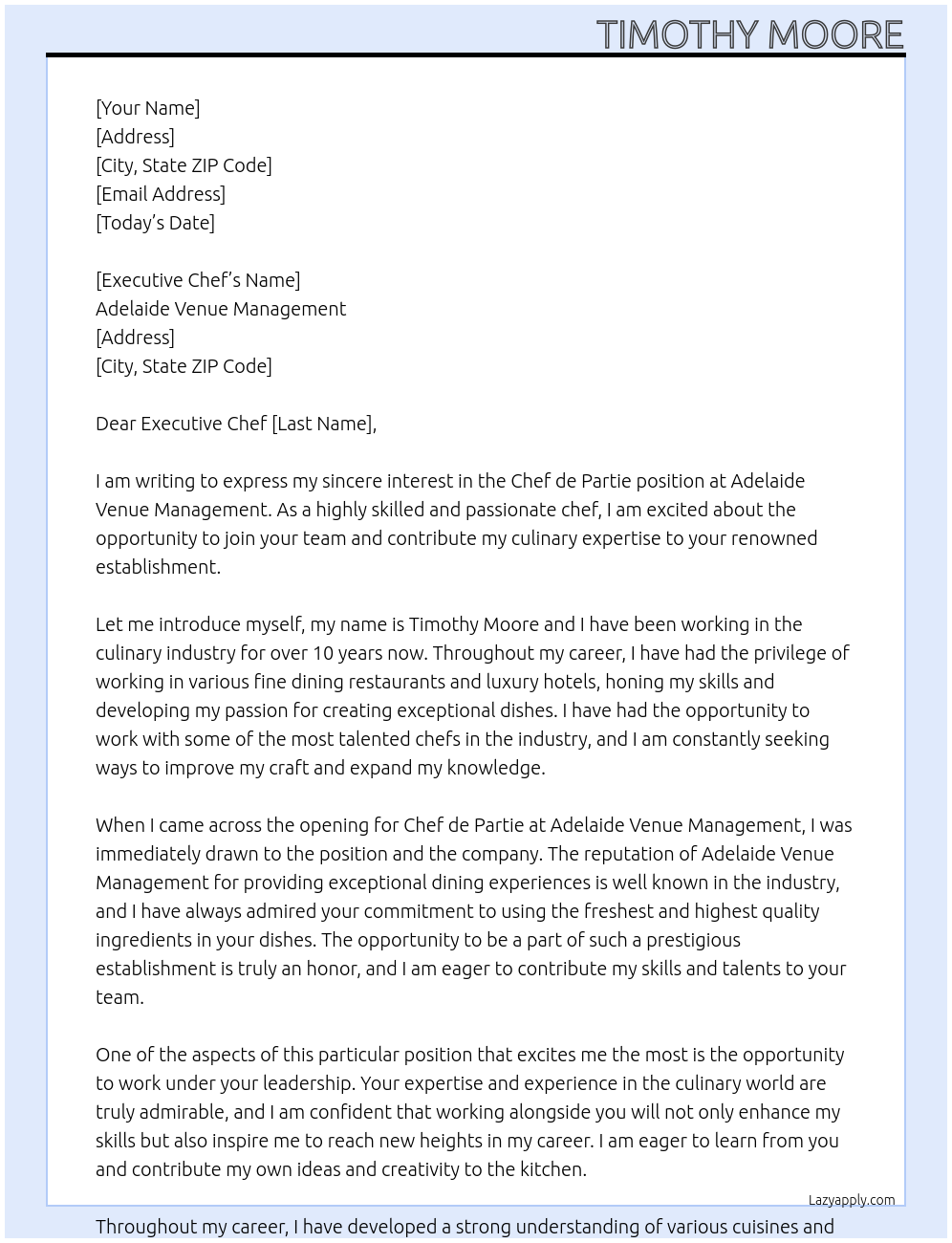 Chef de Partie At Adelaide Venue Managment Cover Letter