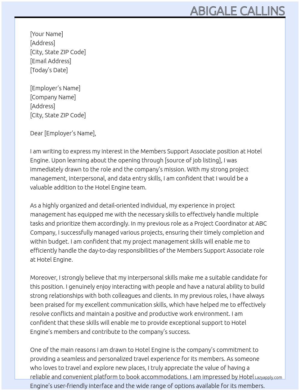 Members Support Associate At Hotel Engine Cover Letter