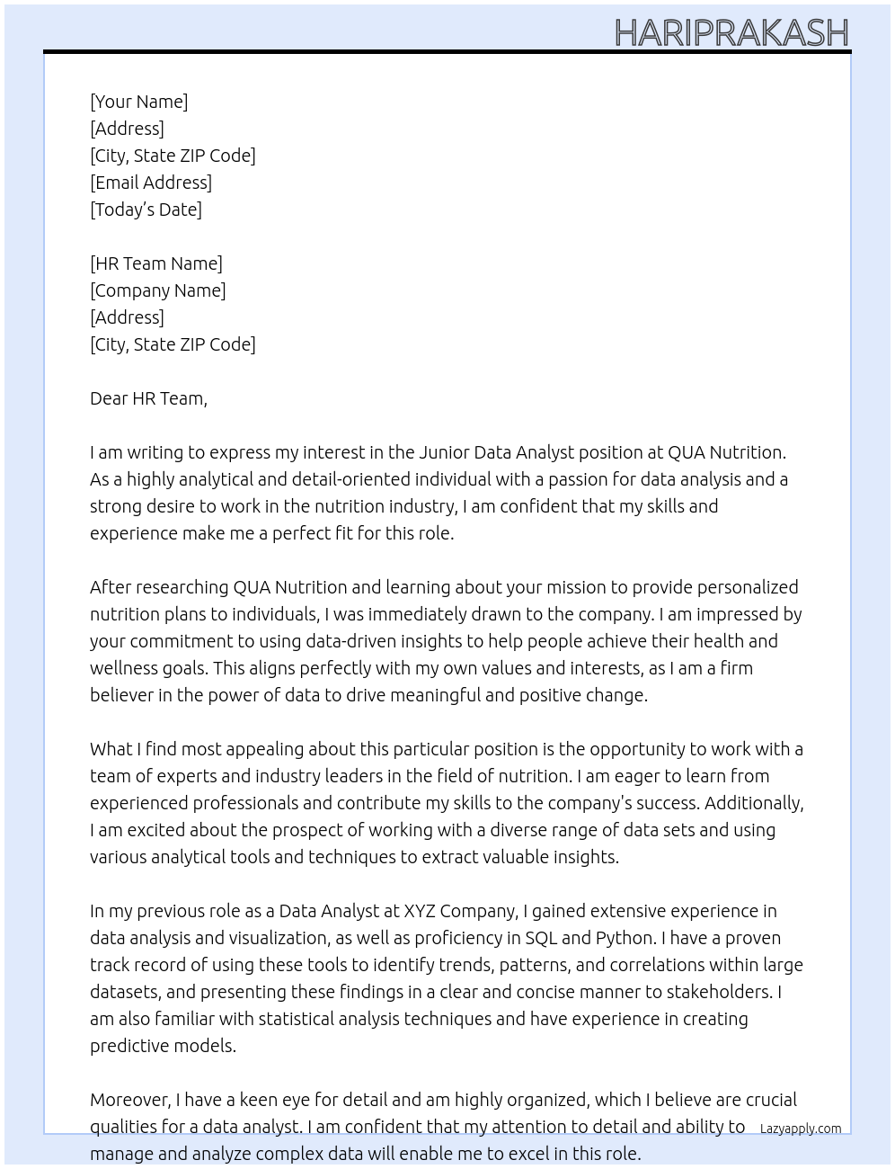 Junior Data Analyst At QUA Nutrition Cover Letter