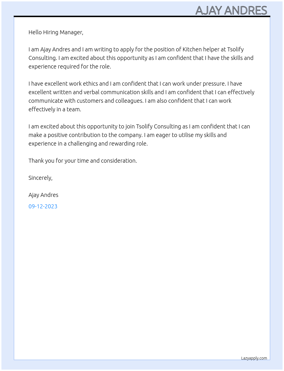Kitchen helper At Tsolify consulting  Cover Letter