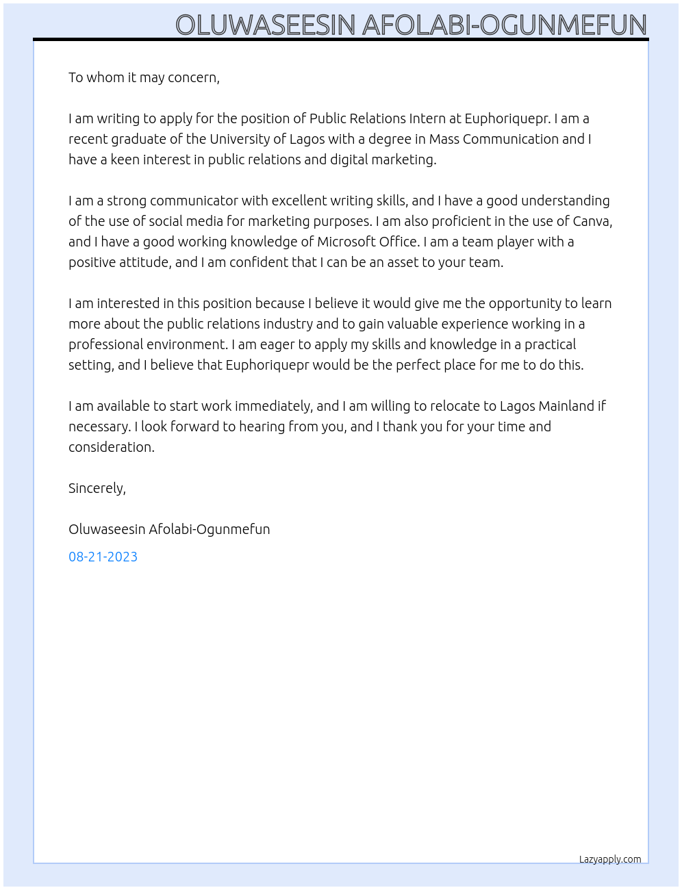 Public Relations Intern At Euphoriquepr Cover Letter