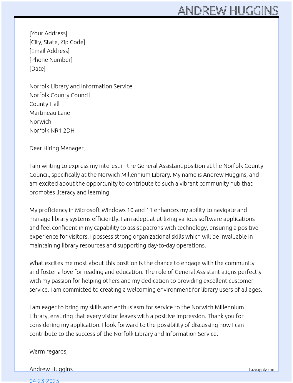 General assistant  At Norfolk County council Cover Letter