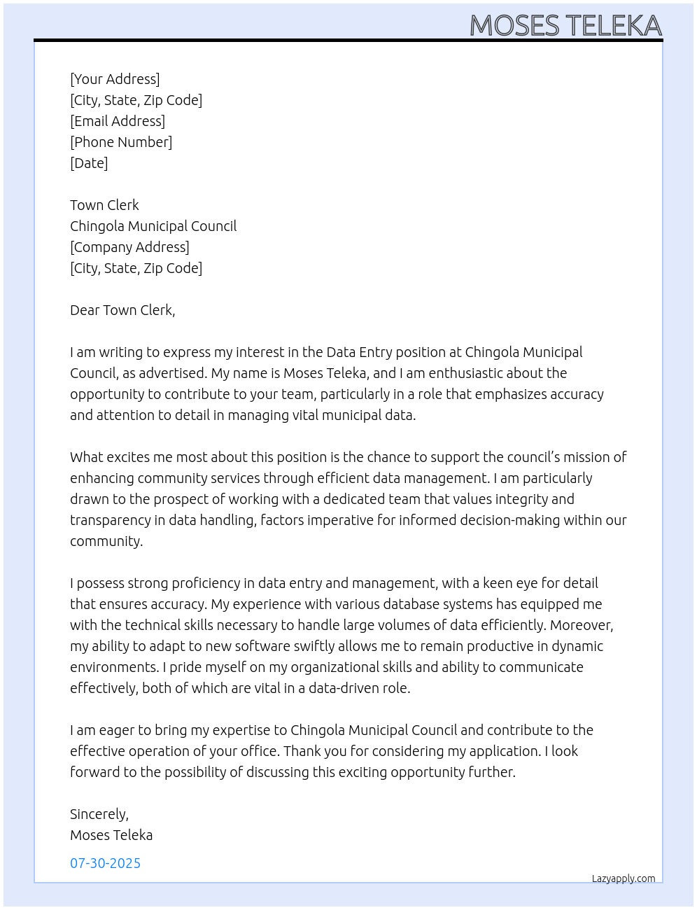 data entry At Chingola municipal Council Cover Letter