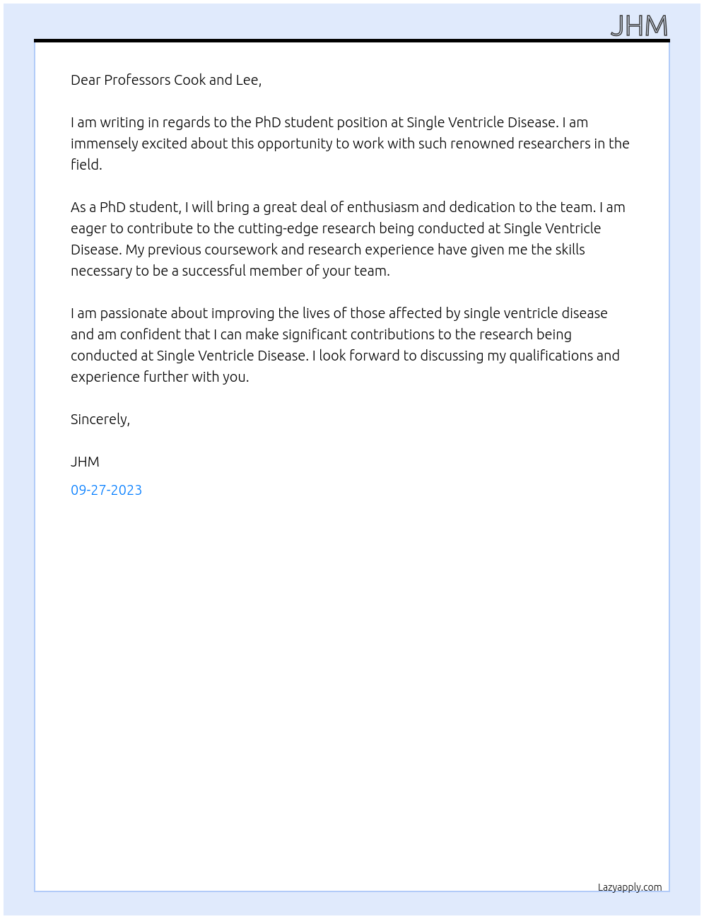PhD student At Single Ventricle Disease PhD Cover Letter