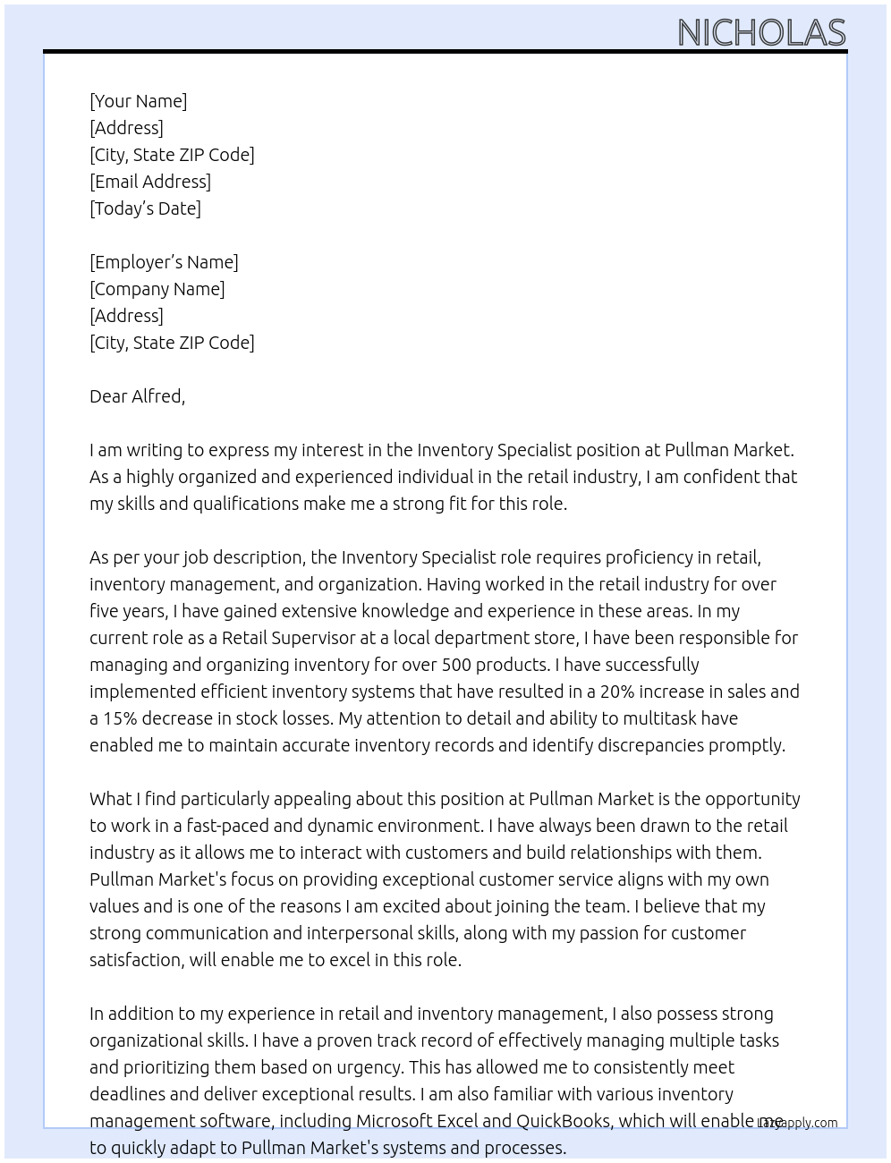 Inventory Specialist At Pullman Market Cover Letter