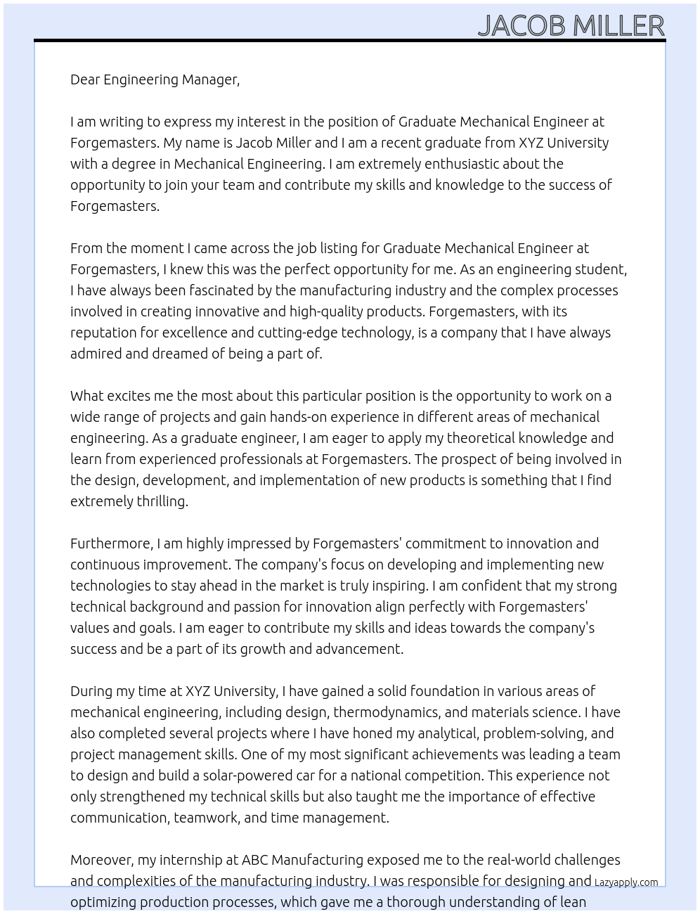 Graduate Mechanical Engineer At Forgemasters Cover Letter