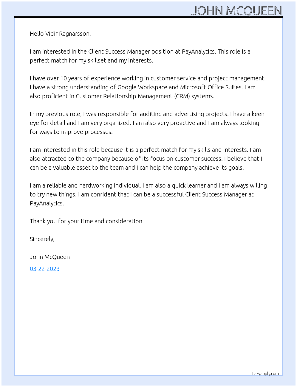 Client Success Manager At PayAnalytics Cover Letter